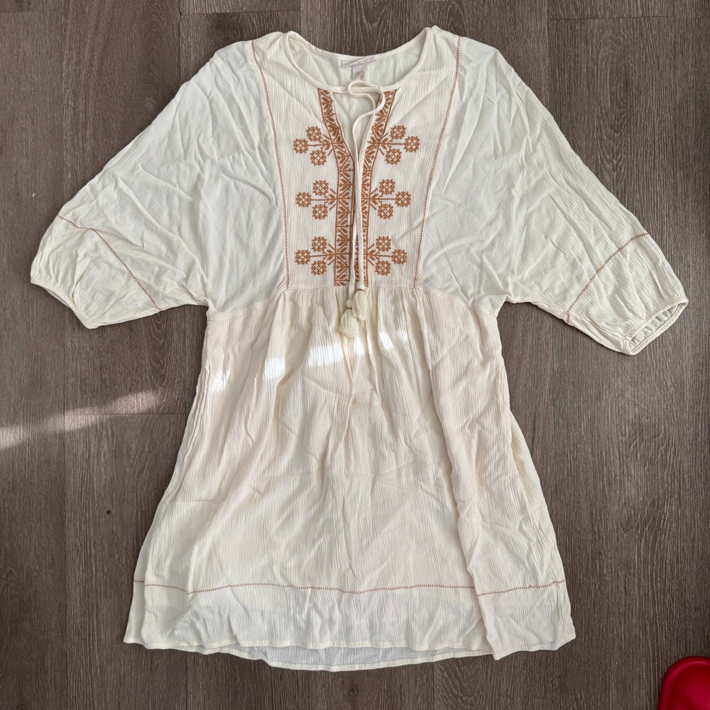 Knox Rose Women Cream Embroidered Boho Tassel Tie Neck Mini Dress XS